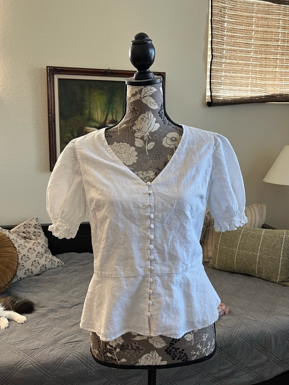Banana Republic White Linen-Blend Button Front Peplum Top